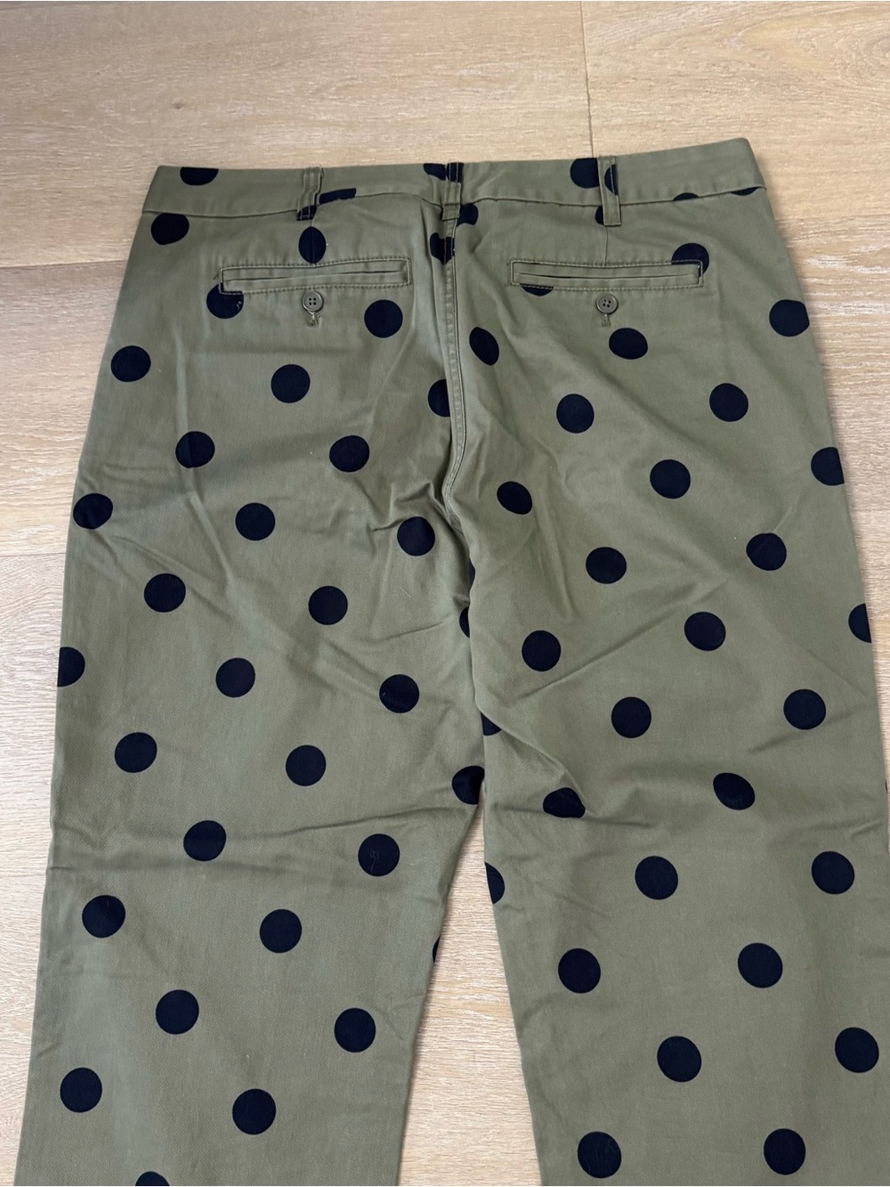 J Crew Olive Green Polka Dot Pants with Black Dots - Picture 8 of 9